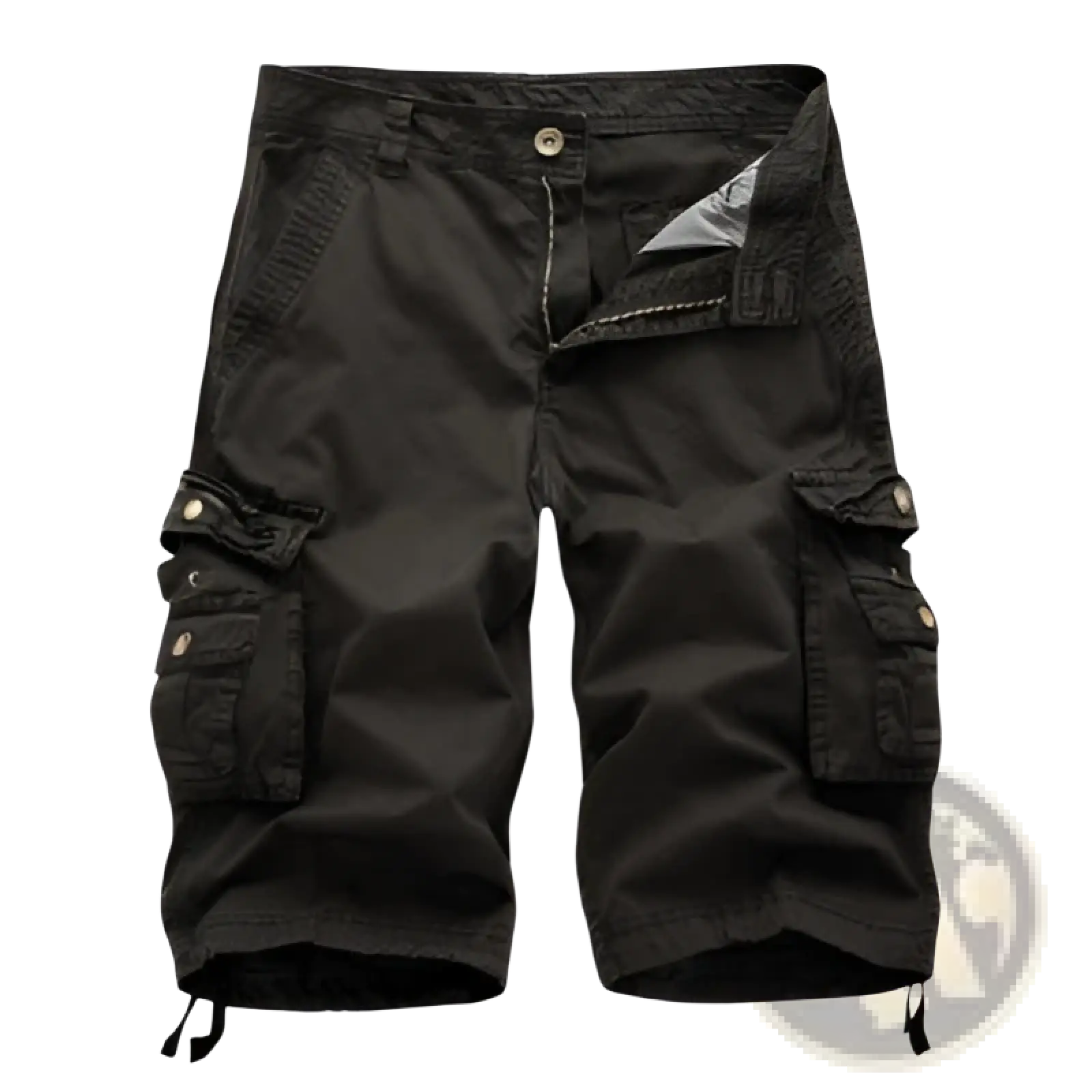 Men’s black cotton cargo shorts with multiple pockets and drawstring cuffs for adjustable fit