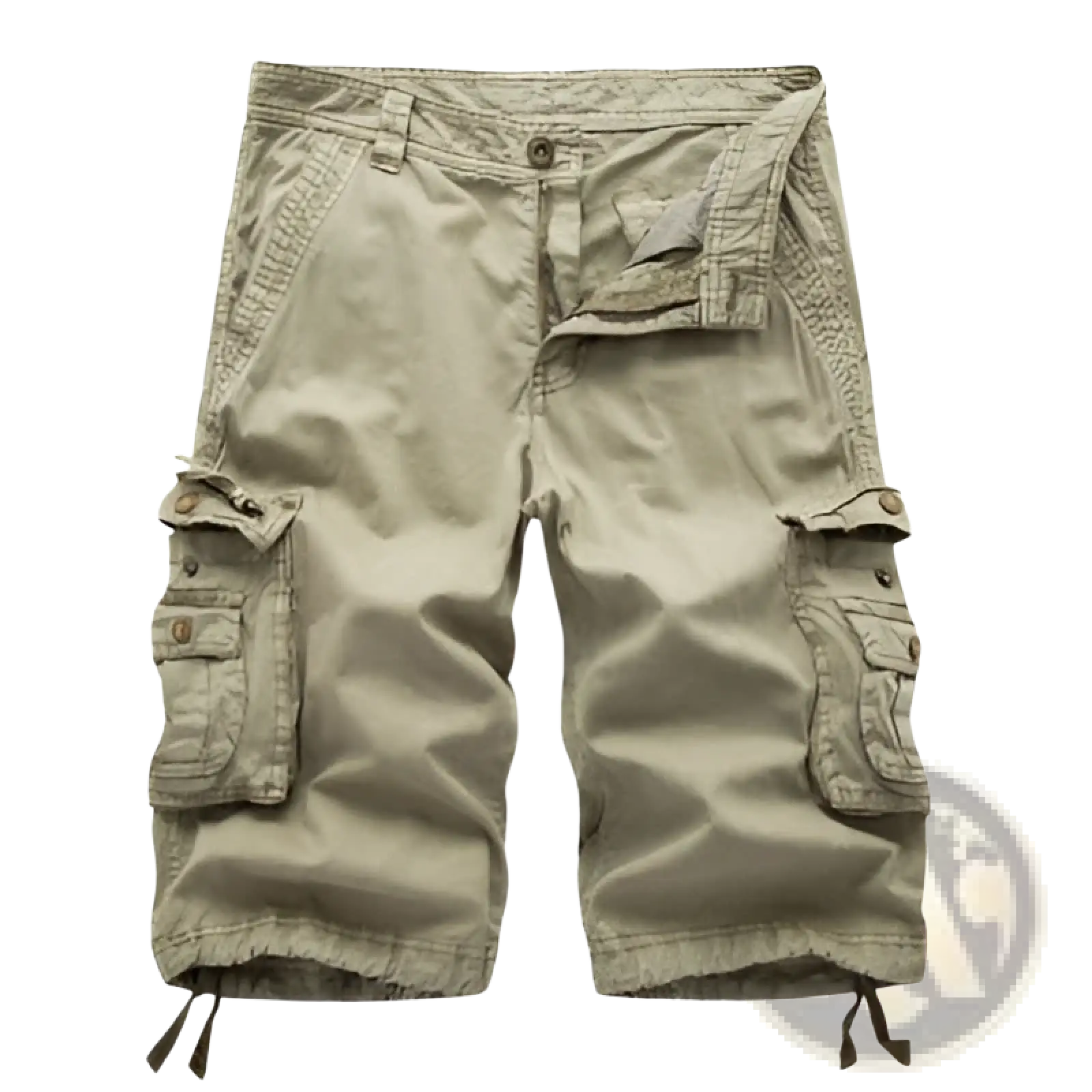 Men’s khaki cotton cargo shorts with multiple pockets and adjustable drawstring cuffs for casual wear