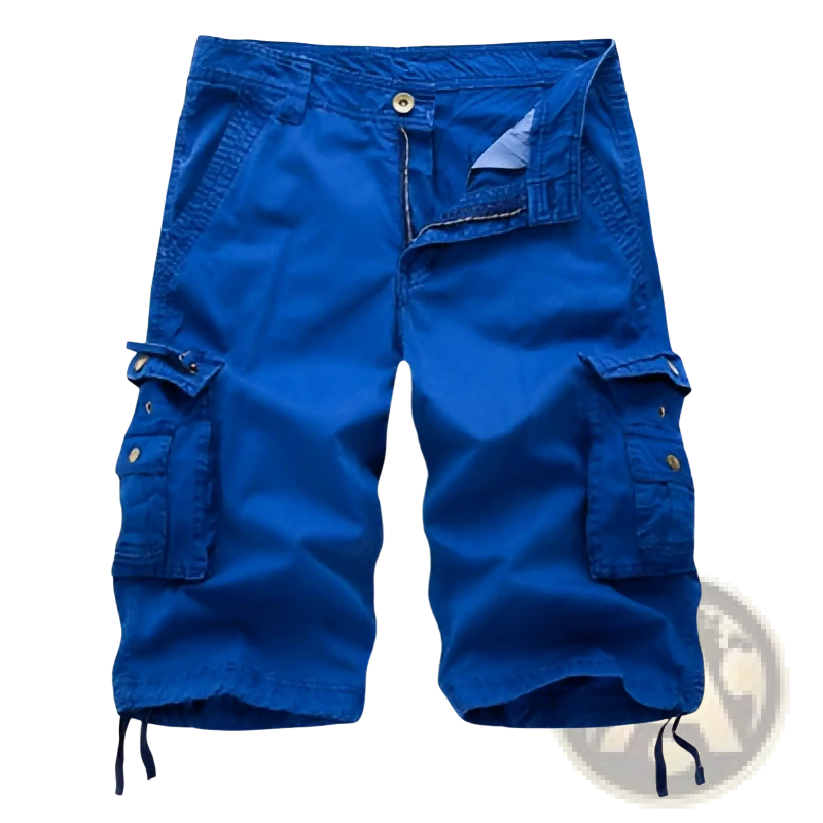 Men’s bright blue cotton cargo shorts with multiple pockets and drawstring cuffs for adjustable fit