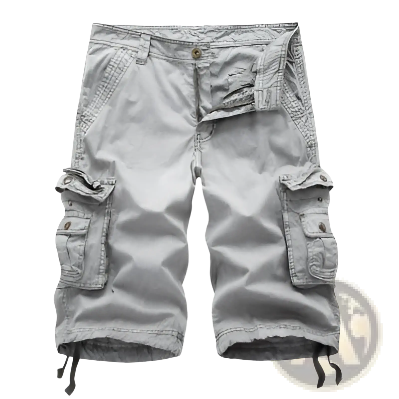 Men’s gray cotton cargo shorts with multiple pockets and drawstring cuffs for adjustable fit and casual wear
