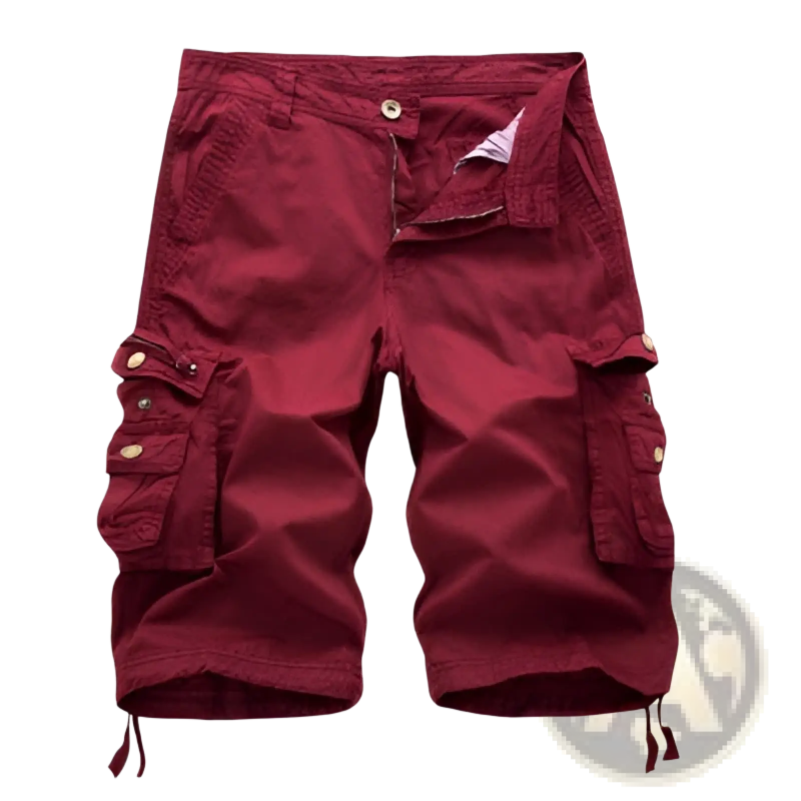 Men’s maroon cotton cargo shorts with multiple pockets and drawstring cuffs for adjustable fit