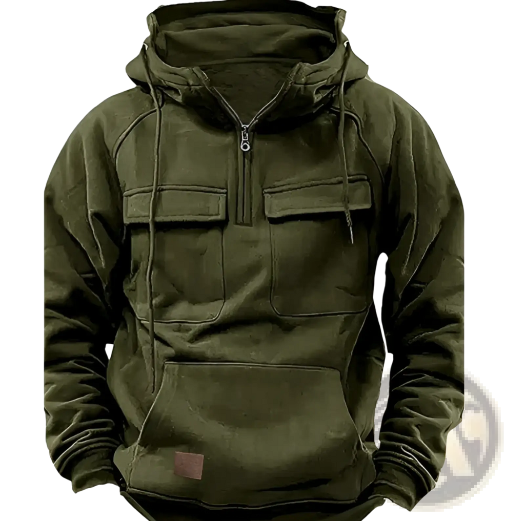 Men’s olive green multi pocket half zip fashion hoodie with hood drawstrings and two chest pockets