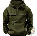 Men’s olive green multi pocket half zip fashion hoodie with hood drawstrings and two chest pockets