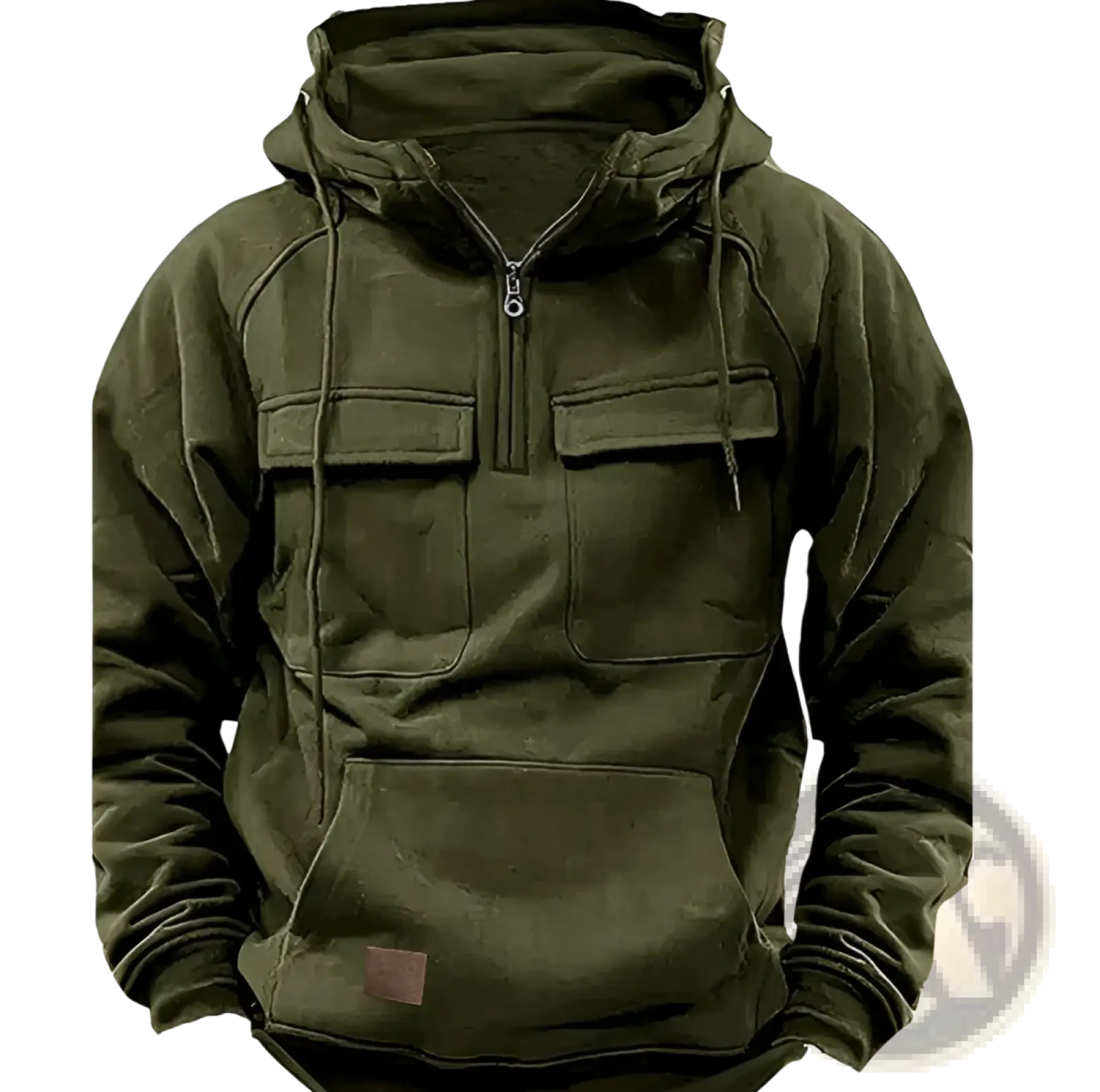 Men’s olive green multi pocket half zip fashion hoodie with hood drawstrings and two chest pockets