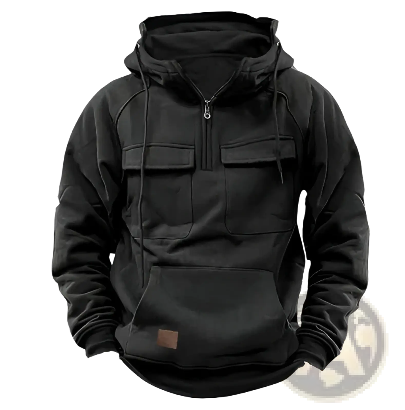 Men’s black hooded sweatshirt with two front pockets and zipper closure in a multi pocket half zip fashion hoodie design
