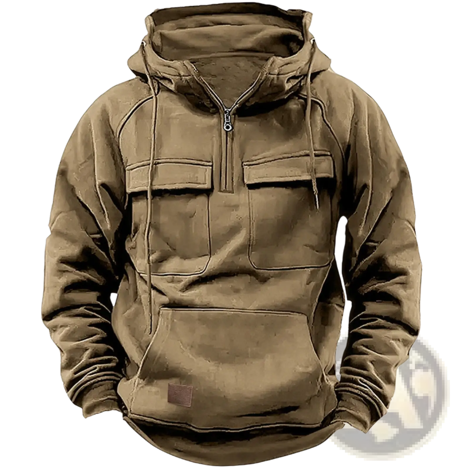 Men’s tan hooded sweatshirt with half zip front, two chest pockets, and attached drawstring hood for casual wear