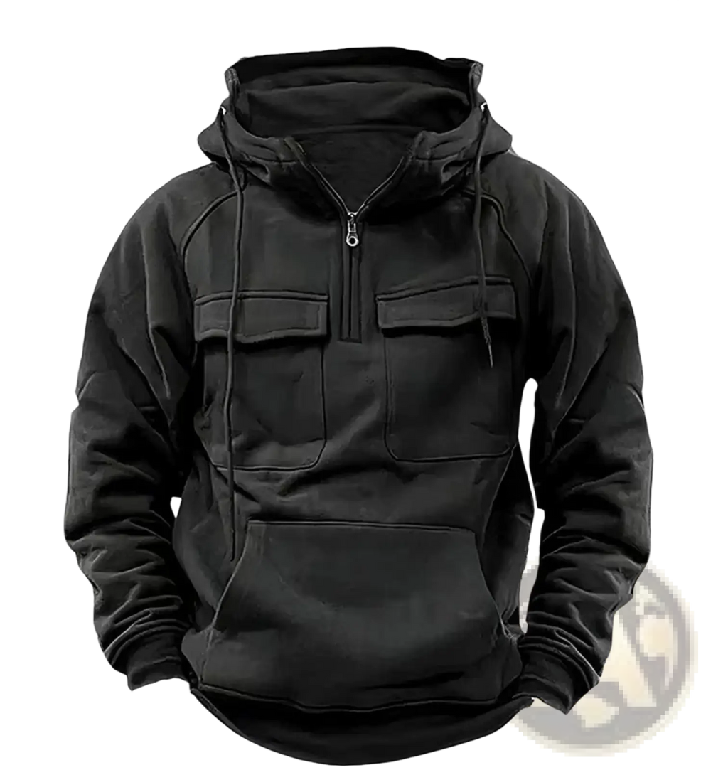 Men’s black hooded sweatshirt with half zip front, two chest pockets, and drawstrings for casual wear