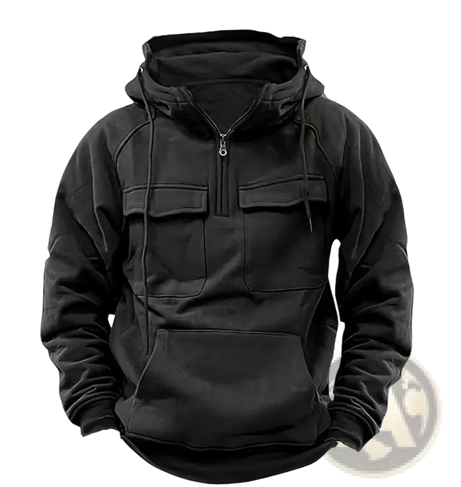 Men’s black hooded sweatshirt with half zip front, two chest pockets, and drawstrings for casual wear