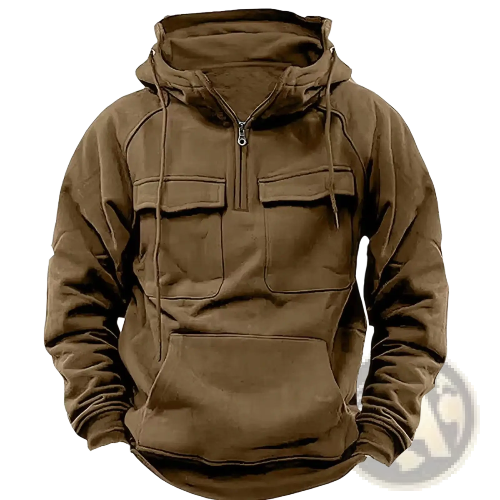 Men’s brown hooded sweatshirt with half-zip front, multiple flap chest pockets, drawstrings, and kangaroo pocket