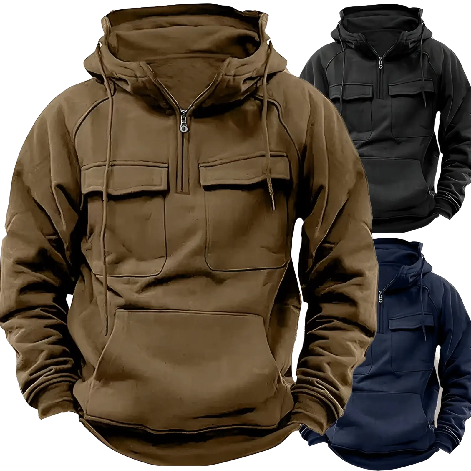 Men’s brown hooded sweatshirt with front zipper two chest pockets and kangaroo pocket for casual wear