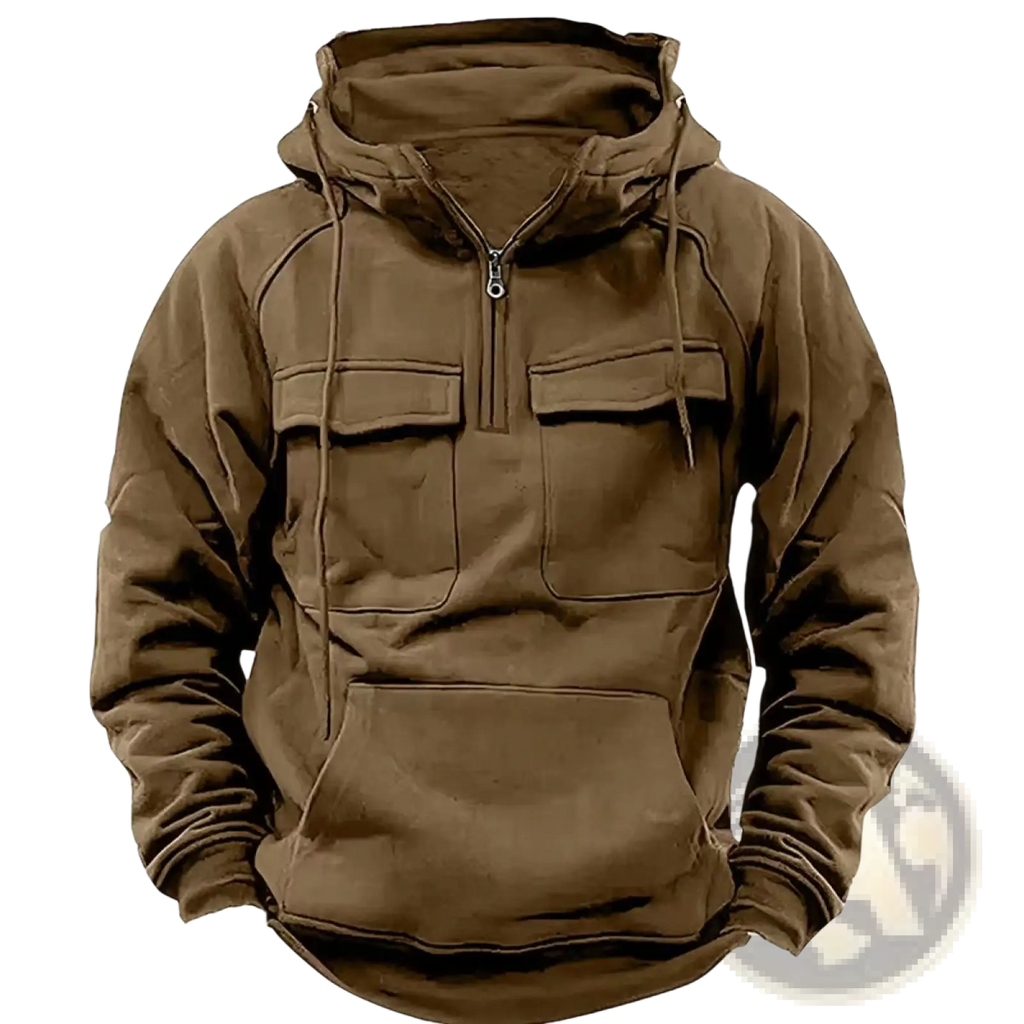 Men’s brown hooded sweatshirt with half zip front, multi pockets, flaps, drawstrings, and kangaroo pocket