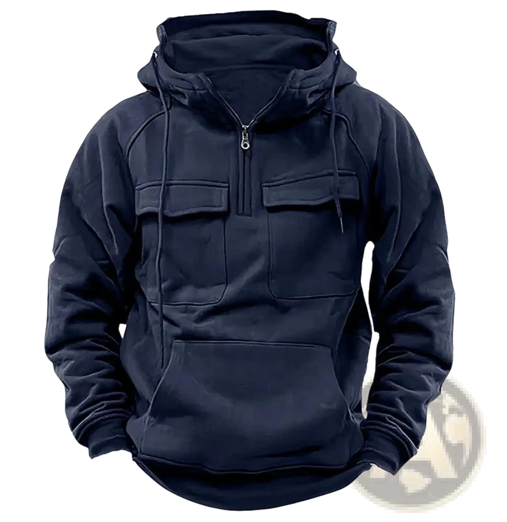 Men’s dark navy blue multi pocket fashion hoodie with zip-up front, drawstring hood, and two front pockets