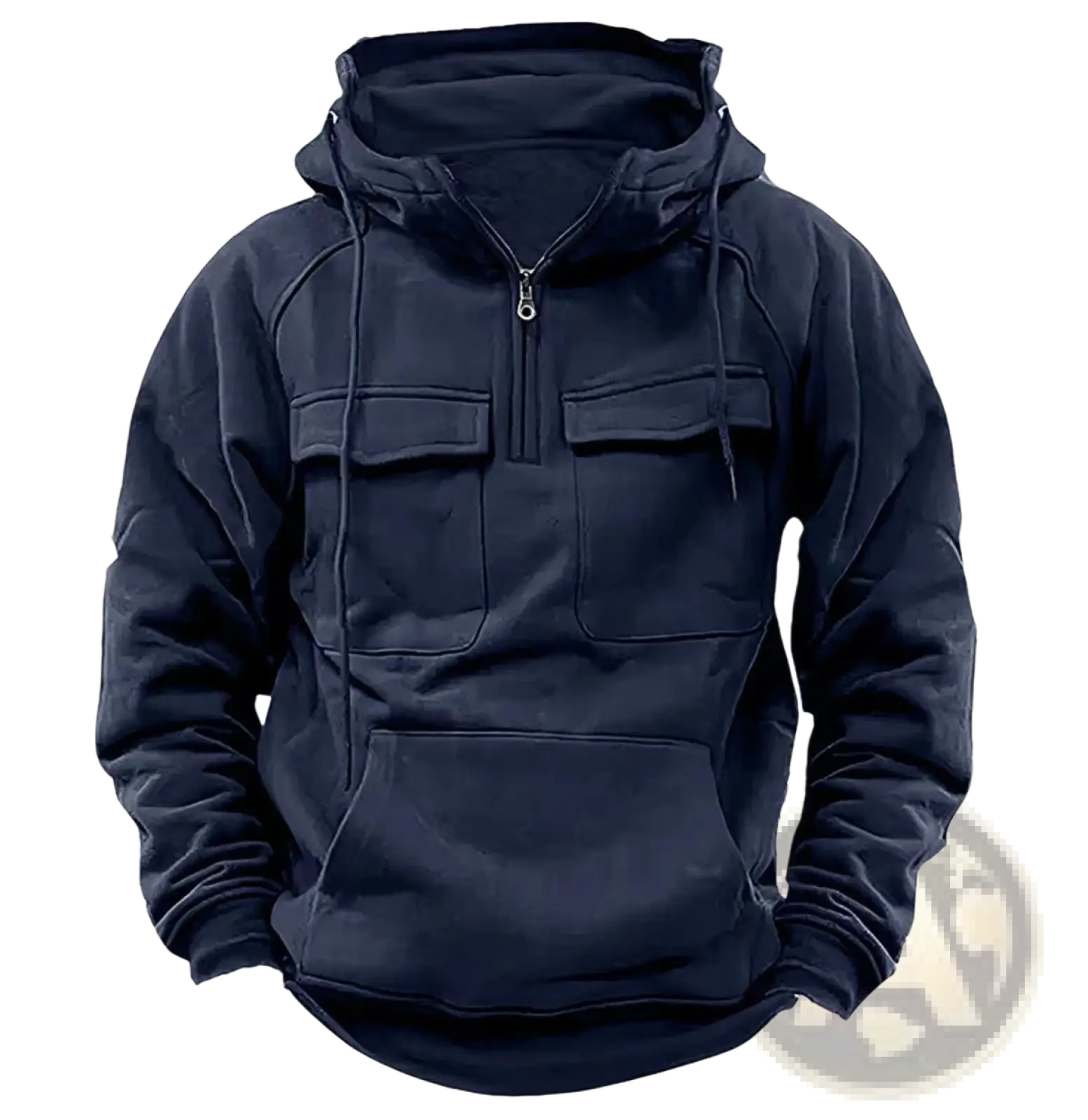 Men’s dark navy blue multi pocket fashion hoodie with zip-up front, drawstring hood, and two front pockets