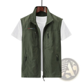 Men’s olive green multi pocket hooded utility vest with zippered pockets and subtle embroidered logo on the chest