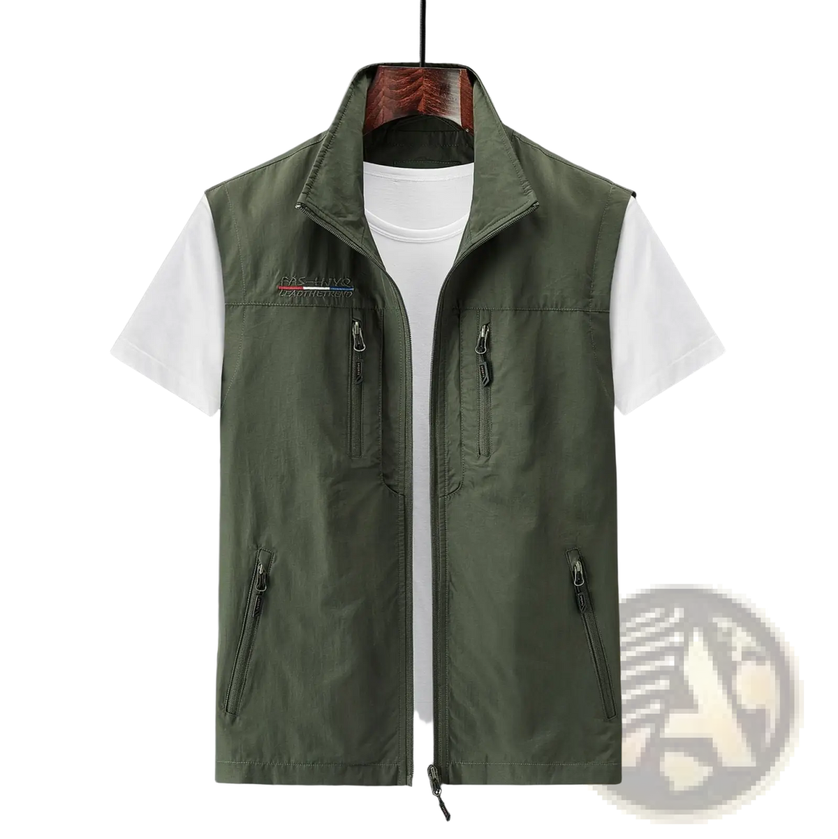 Men’s olive green multi pocket hooded utility vest with zippered pockets and subtle embroidered logo on the chest