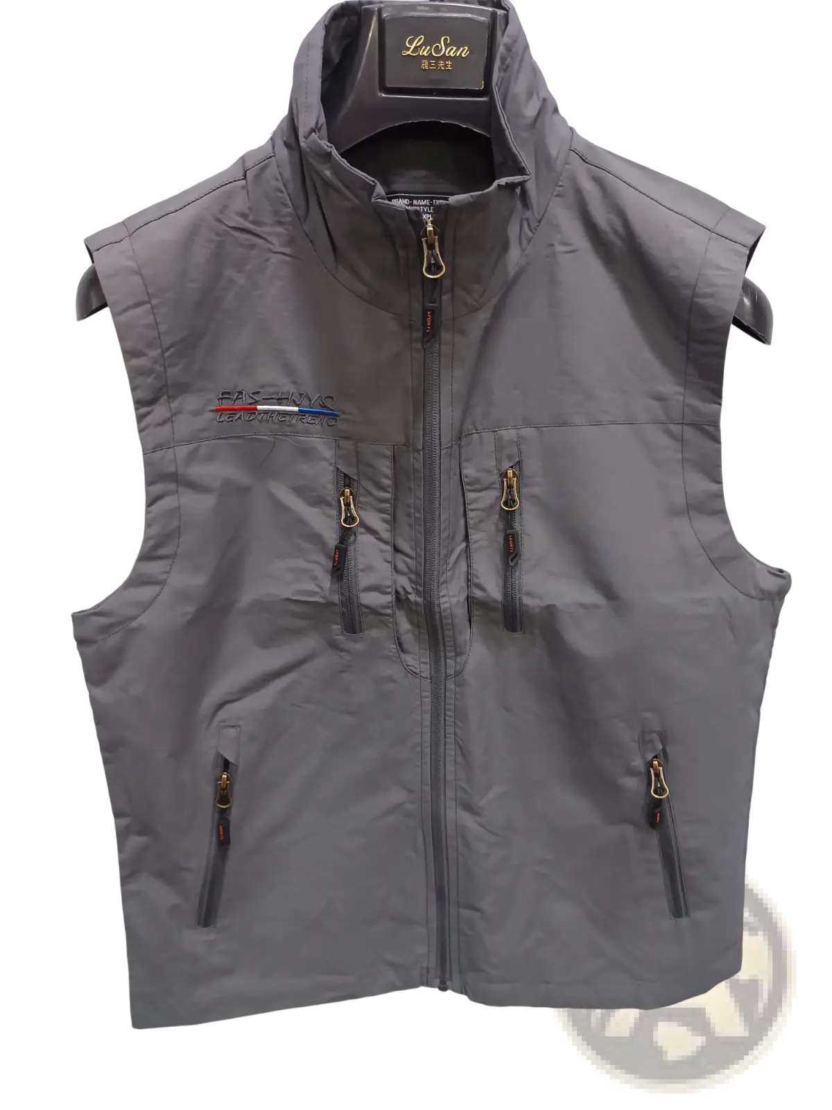 Men’s gray Lusan sleeveless utility vest with high collar, front zipper, and multiple gold-toned zippered pockets