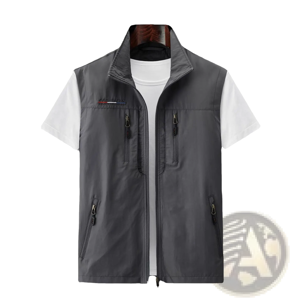 Men’s gray nylon multi pocket utility vest with stand up collar front zipper and multiple zippered pockets