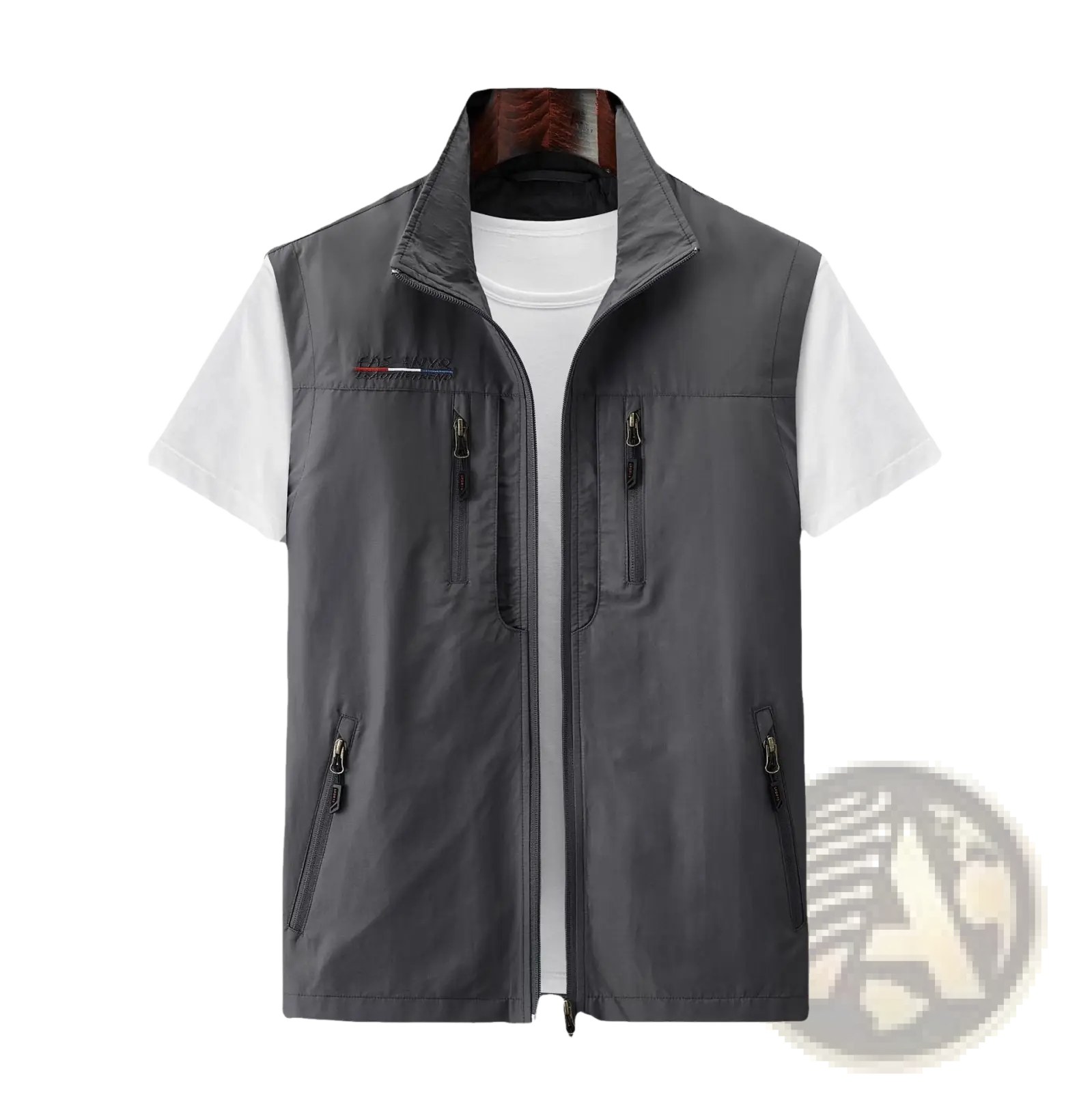 Men’s gray nylon multi pocket utility vest with stand up collar front zipper and multiple zippered pockets
