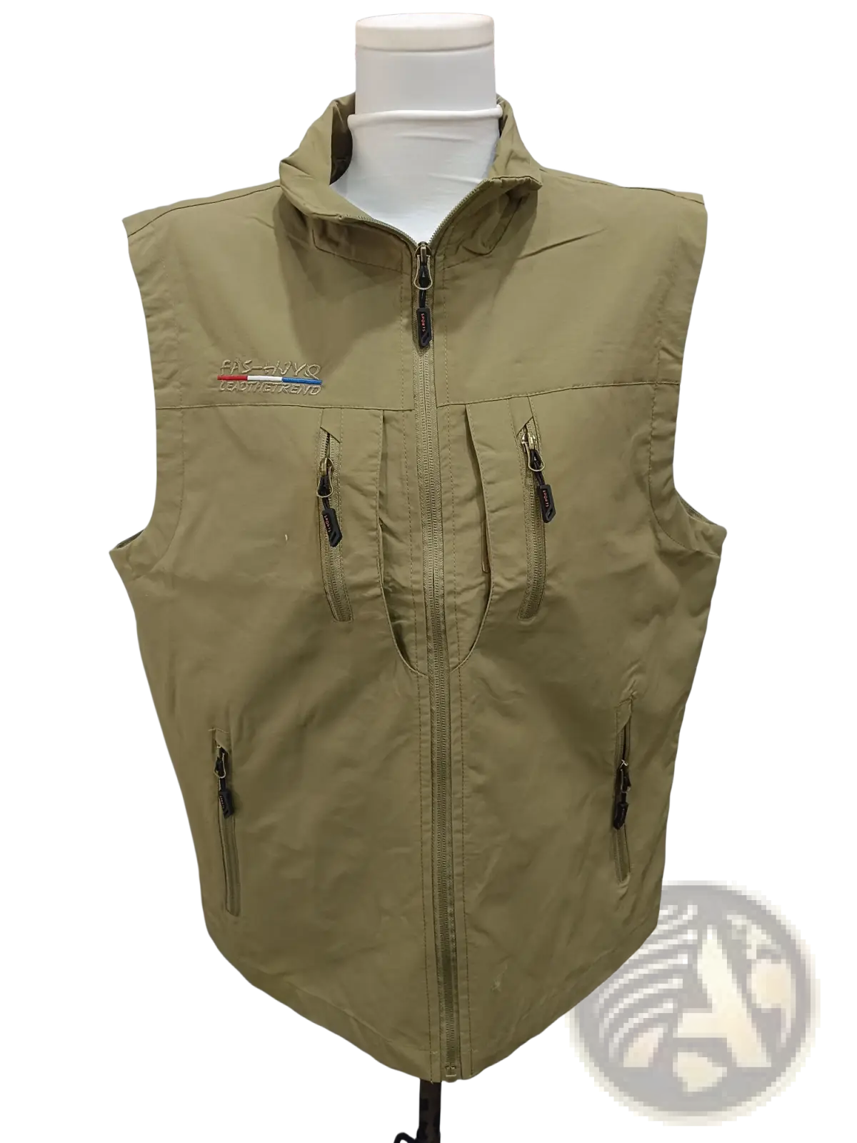 Men’s khaki multi pocket hooded utility vest with zippered front and durable fabric for versatile outdoor use
