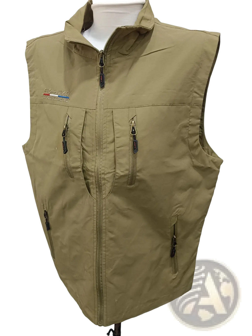 Men’s khaki multi pocket hooded utility vest with zippered front and brand logo on left chest for versatile use