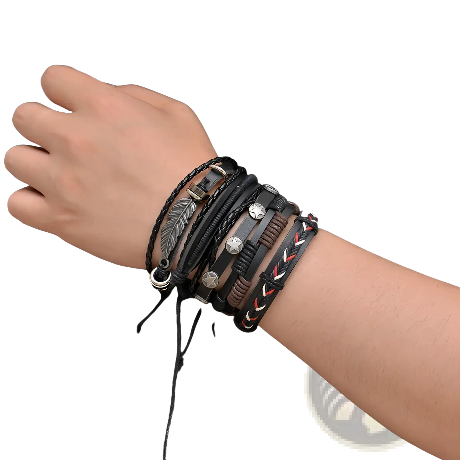 Men’s multilayer leather bracelet featuring black leather, braided cords, metallic star charms, feather accents, and red white woven design