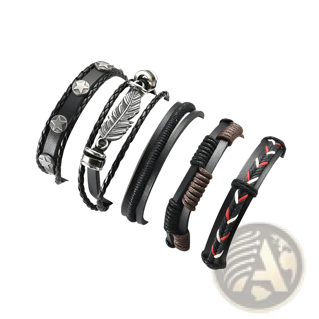 Set of six black multilayer men’s leather bracelets with star studs feather charm and red white woven details
