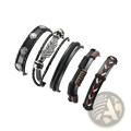Set of six black multilayer men’s leather bracelets with star studs feather charm and red white woven details