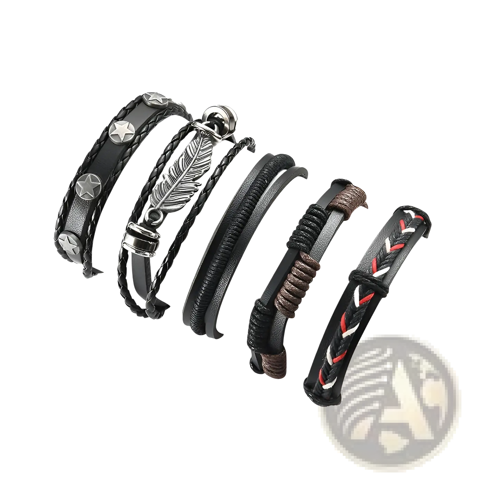 Set of six black multilayer men’s leather bracelets with star studs feather charm and red white woven details