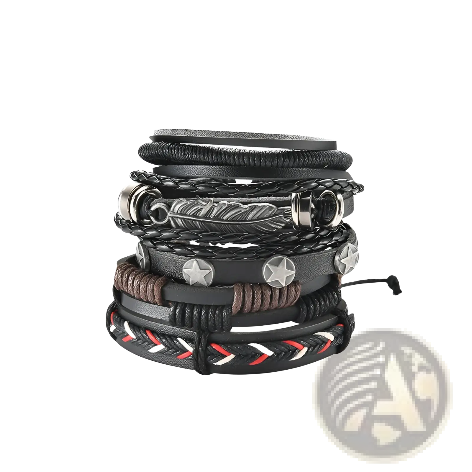 Men’s multilayer black leather bracelet with braided bands and metallic star and feather accents