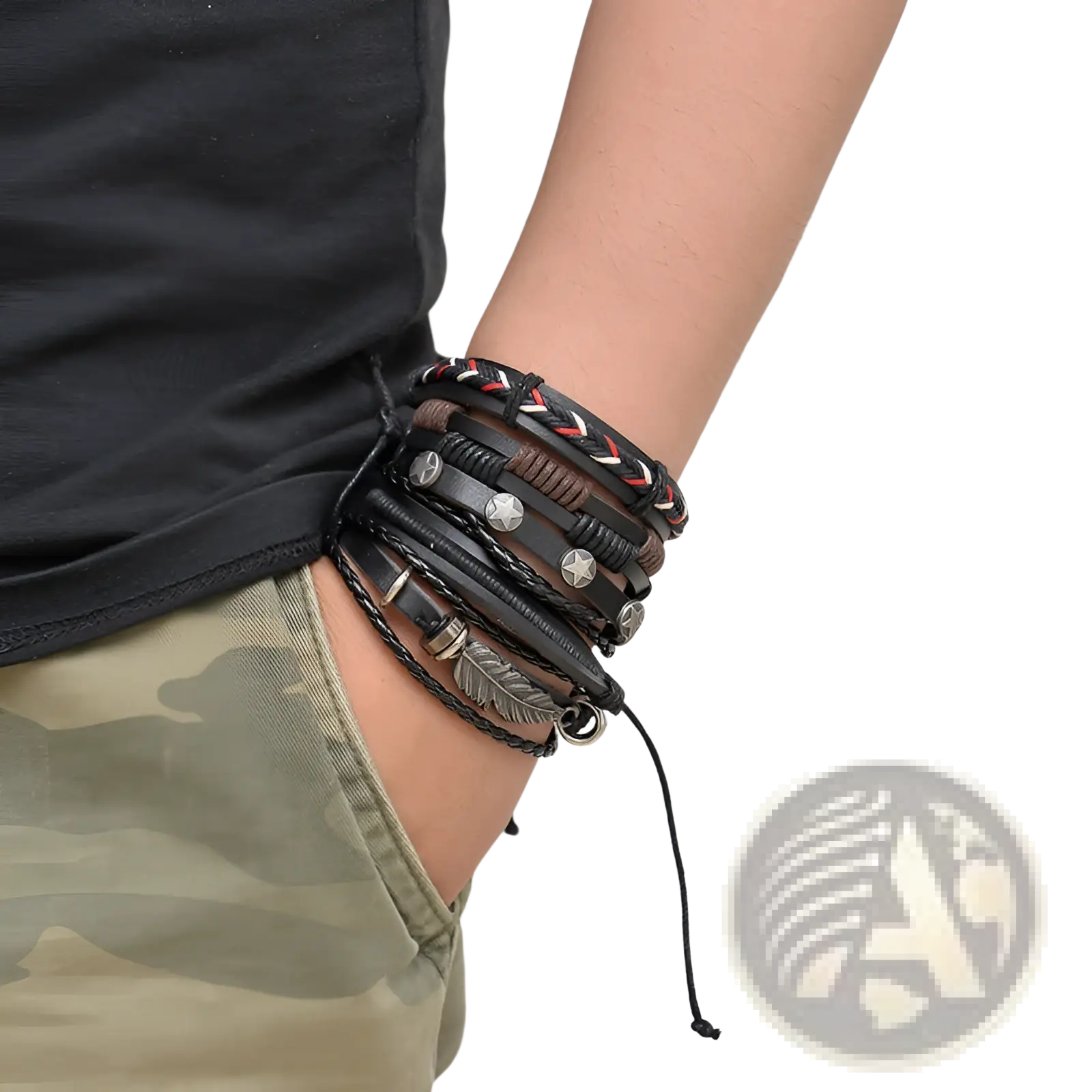 Men’s multilayer leather bracelet in black and brown with silver star and feather charms