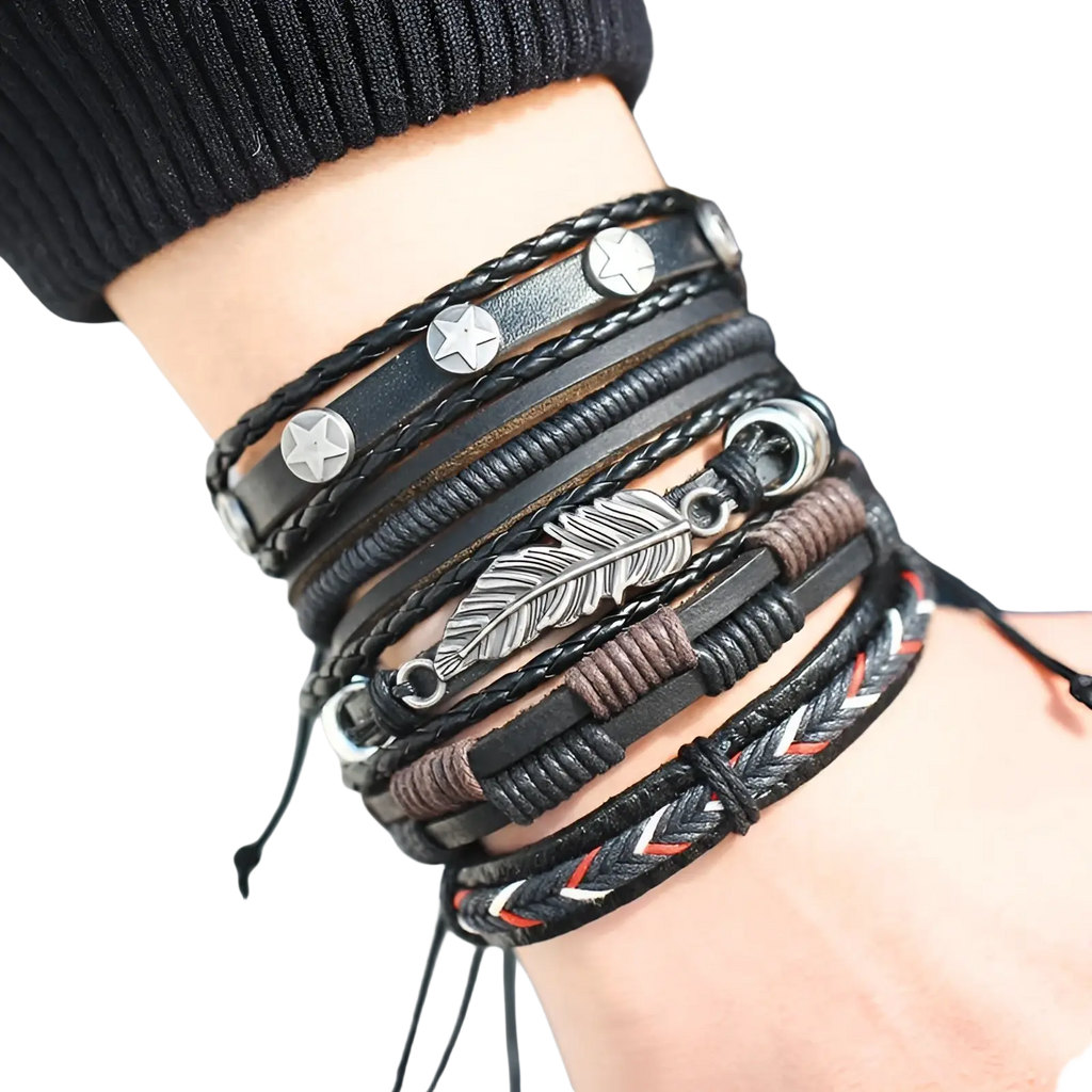 Men’s multilayer leather bracelet featuring black and brown braided bands with silver star charms and feather pendant