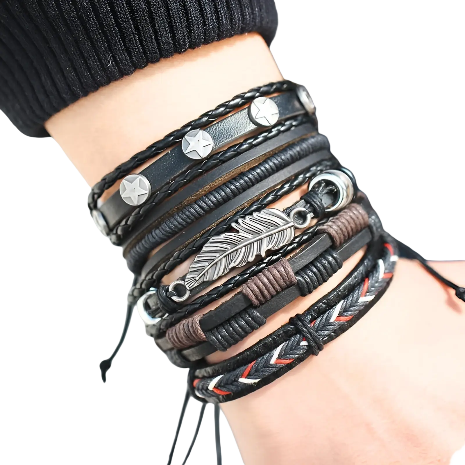 Men’s multilayer leather bracelet featuring black and brown braided bands with silver star charms and feather pendant