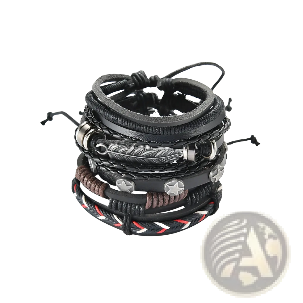 Men’s multilayer black leather bracelet with braided cords silver star charms metallic accents and feather motif