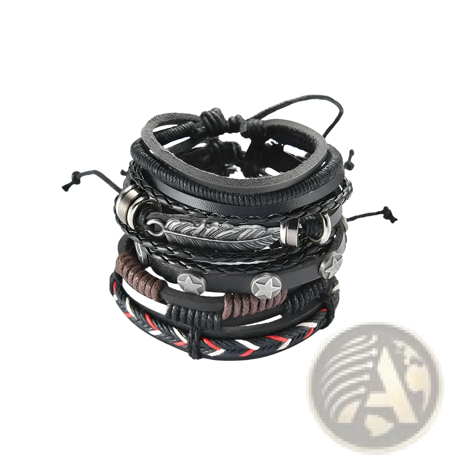 Men’s multilayer black leather bracelet with braided cords silver star charms metallic accents and feather motif