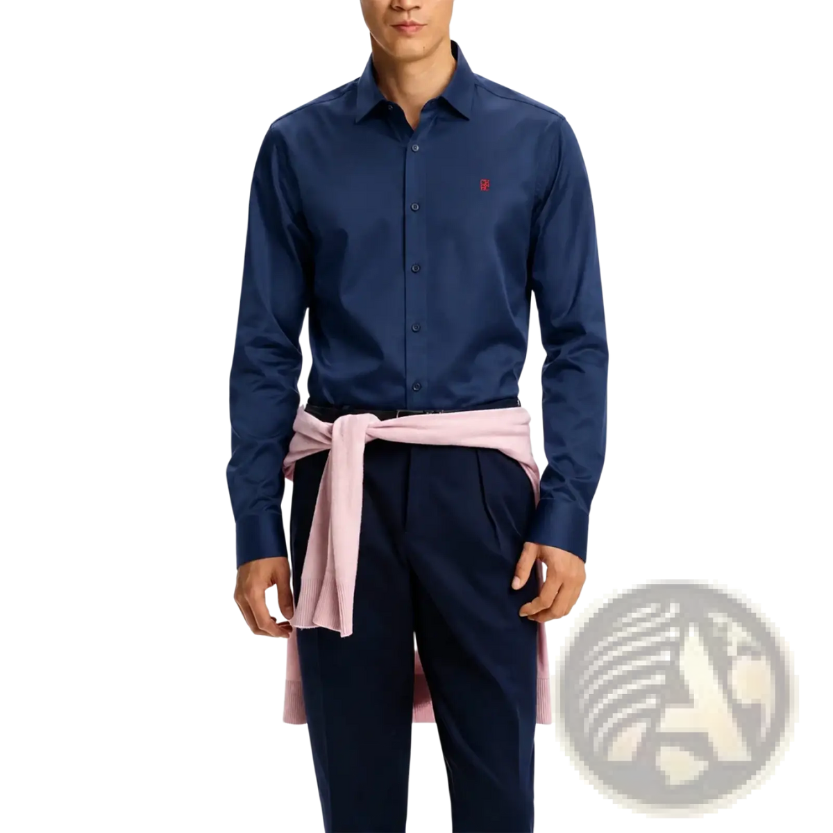 Mens navy dress shirt with a small red embroidered logo on the left chest for formal or office wear