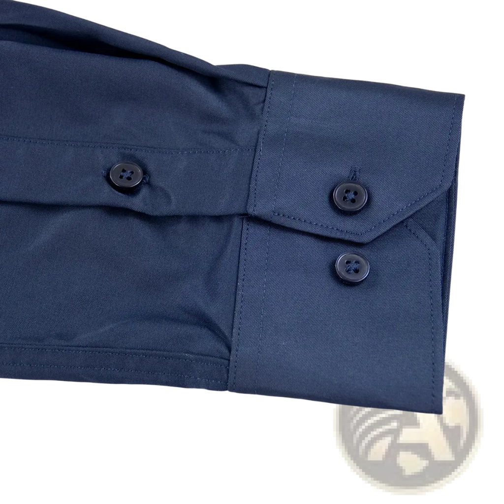 Mens navy dress shirt cuff with three black buttons and neatly stitched placket featuring red logo detail