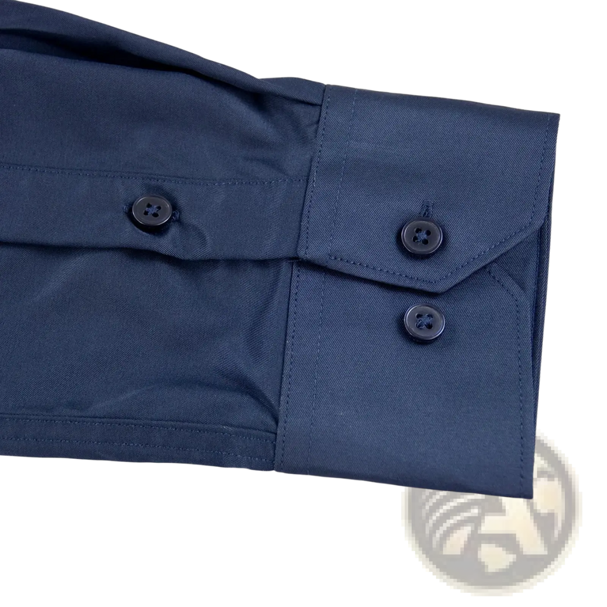 Mens navy dress shirt cuff with three black buttons and neatly stitched placket featuring red logo detail