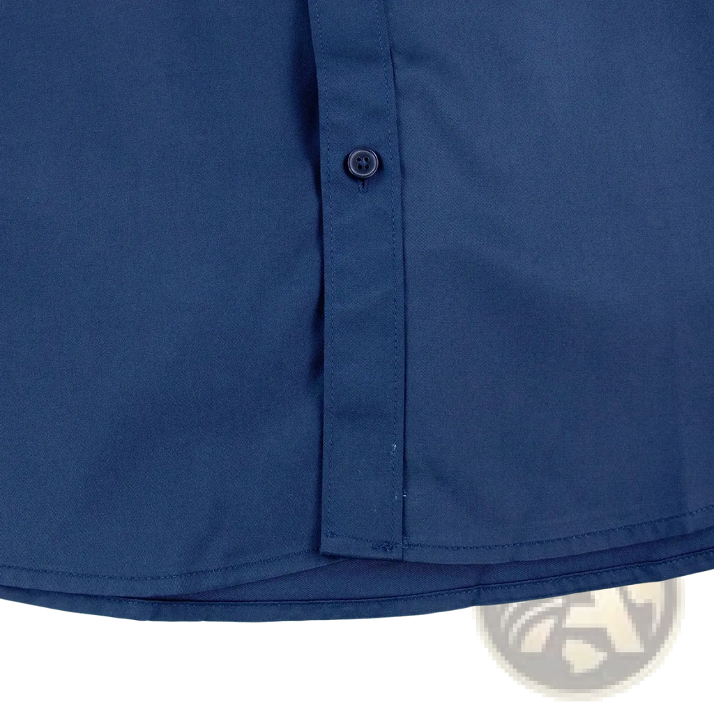 Mens navy dress shirt with single dark button red logo and neat stitching ideal for formal occasions