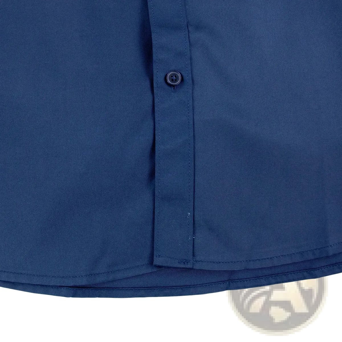 Mens navy dress shirt with single dark button red logo and neat stitching ideal for formal occasions