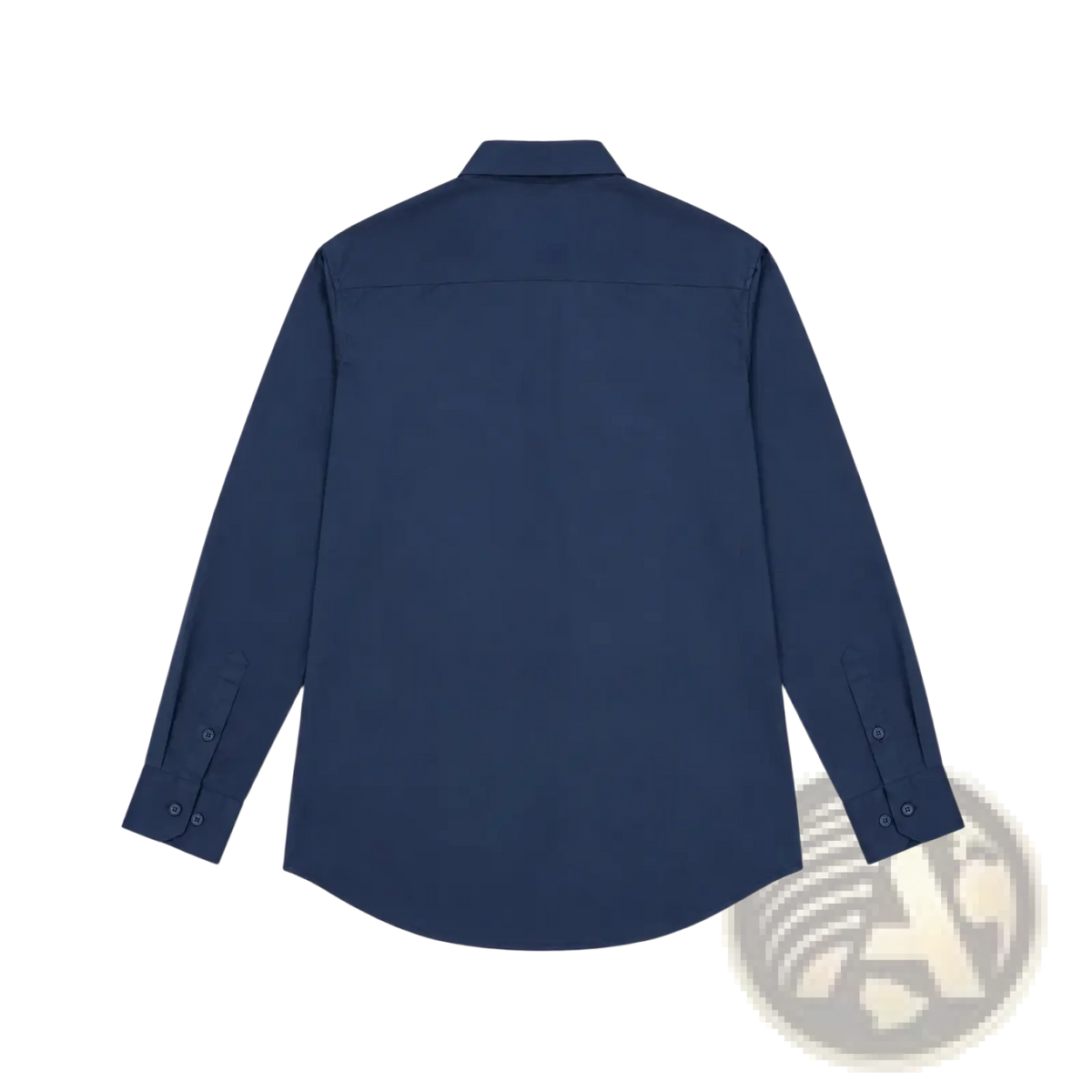 Mens navy blue long-sleeved dress shirt with classic collar and buttoned cuffs featuring red logo embroidery