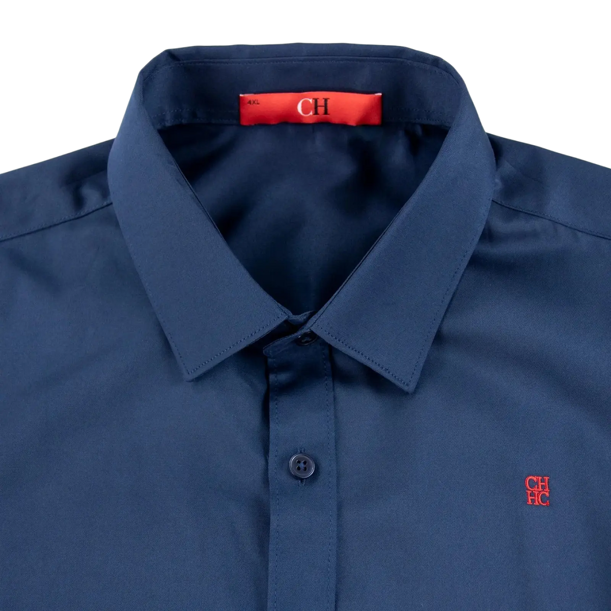 Mens navy dress shirt with red embroidered ch logo on chest and matching brand tag inside collar