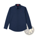 Men’s navy dress shirt with long sleeves featuring a subtle red logo on the chest and matching red collar tag