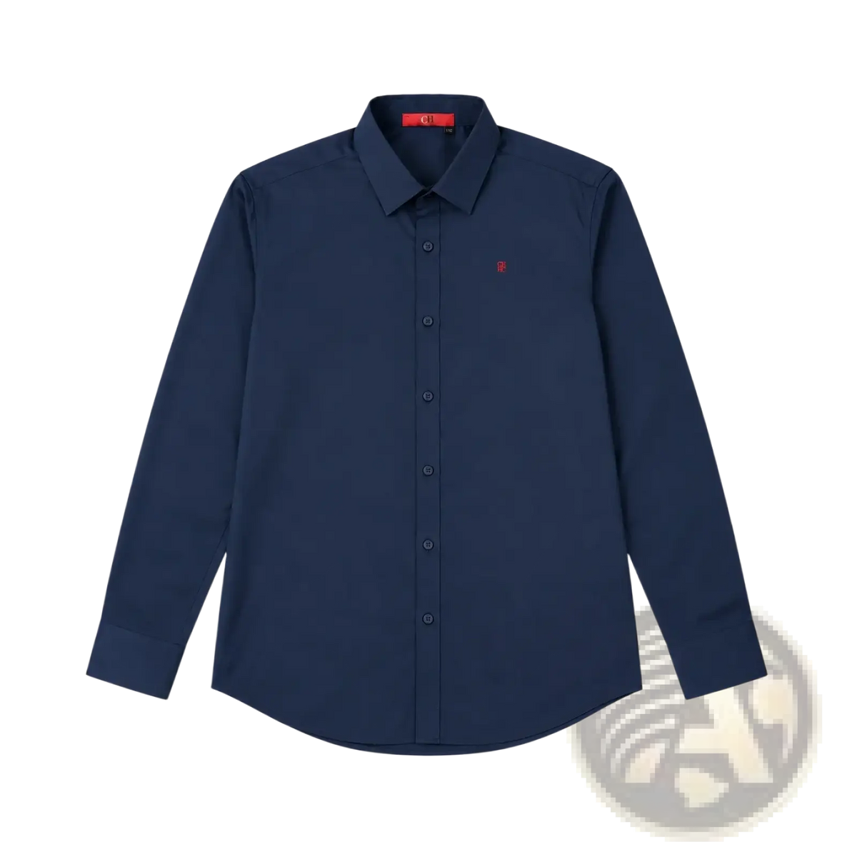 Mens navy dress shirt with long sleeves, subtle red embroidered logo on left chest, and matching red collar branding