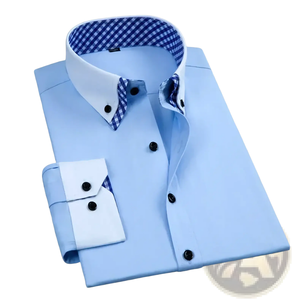 Men’s non-iron light blue button-down dress shirt with white collar and cuffs, navy checkered lining, black buttons