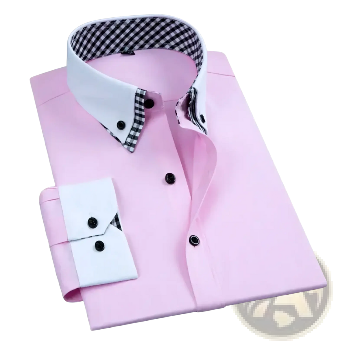 Men’s non-iron business dress shirt long sleeve regular fit in pink with white collar and cuffs and checkered lining