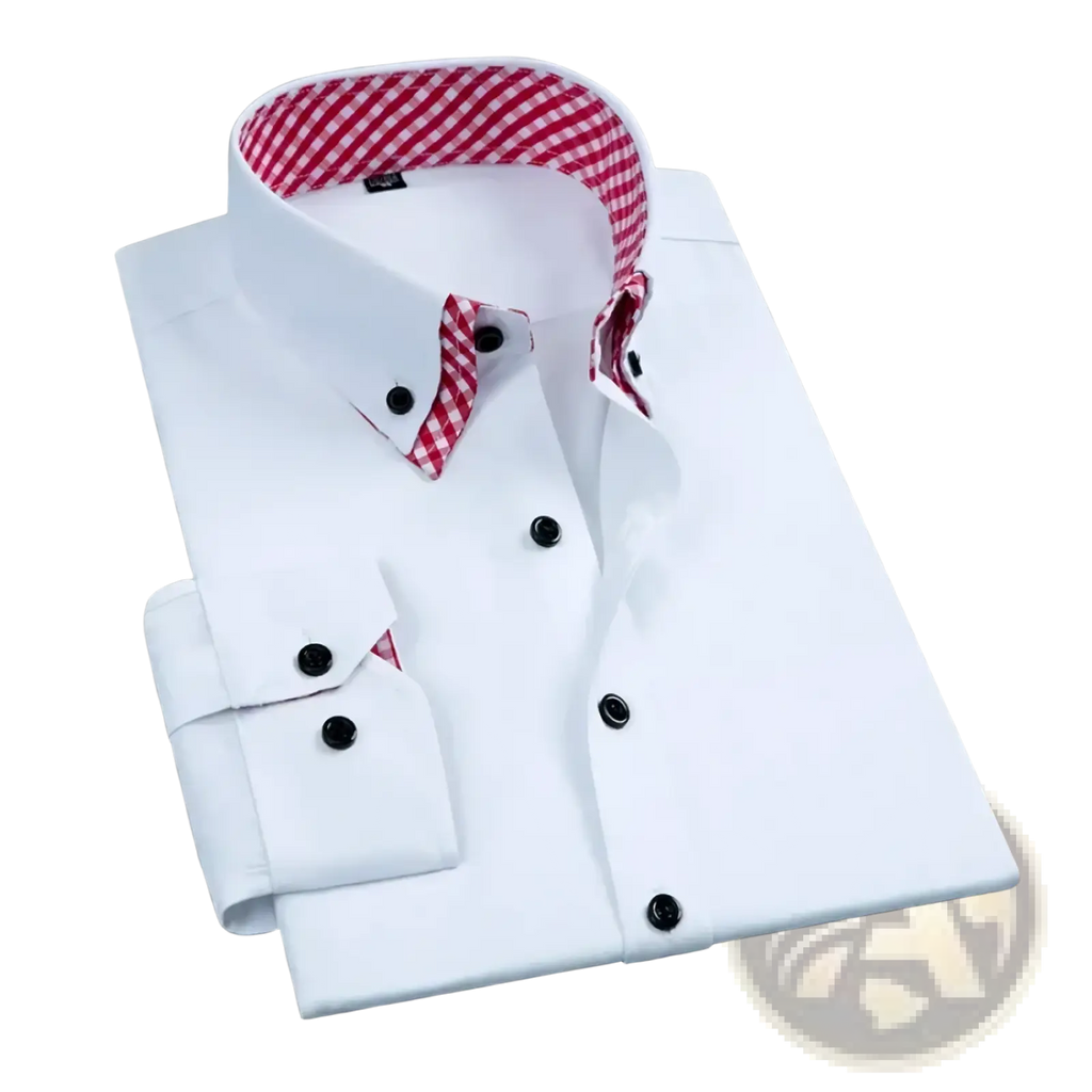 Men’s non-iron white button-down business dress shirt with red checkered lining, black buttons, and crisp collar long sleeve regular fit