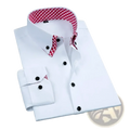 Men’s non-iron white button-down dress shirt with red and white checkered collar and cuffs featuring black buttons