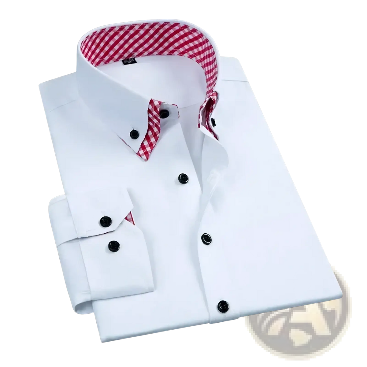Men’s non-iron white button-down dress shirt with red and white checkered collar and cuffs featuring black buttons