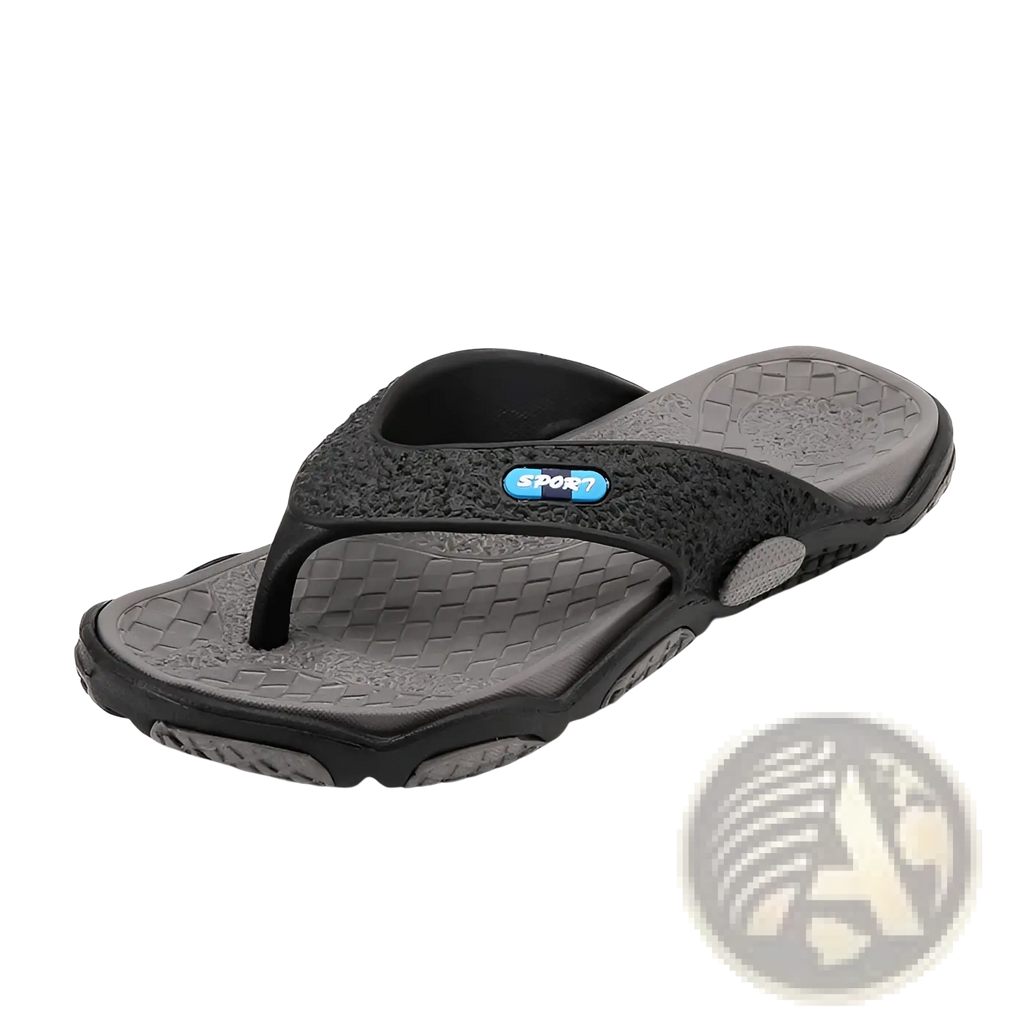 Black and gray men’s non slip beach flip flops with cushioned rubber sole and textured woven pattern on strap
