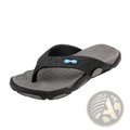 Black and gray men’s non slip beach flip flops with cushioned rubber sole and textured woven pattern on strap